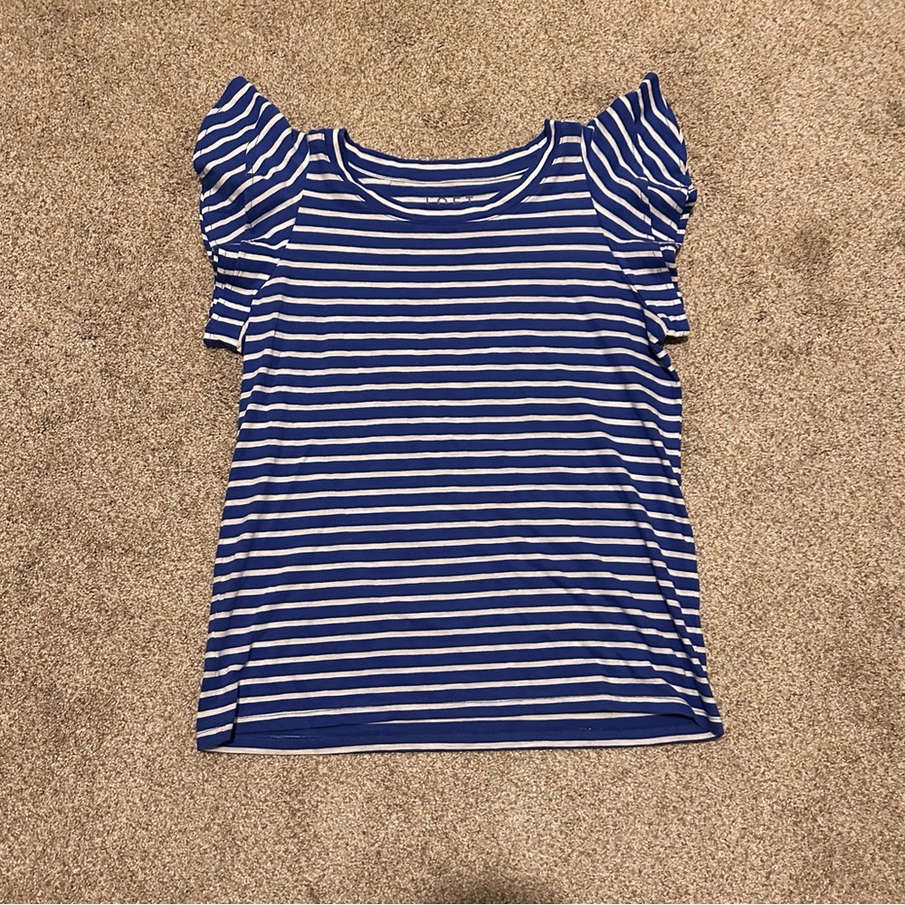 LOFT Navy and White Striped Ruffle Sleeve Tee